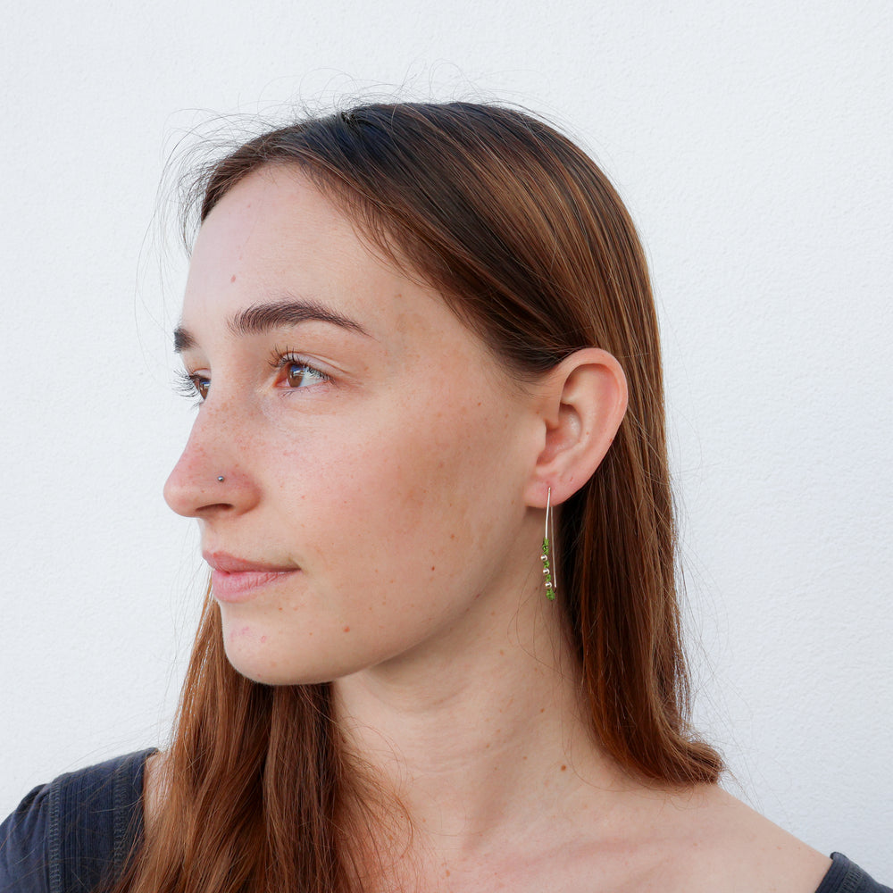 handmade gold filled rectangle macrame hoop earrings in olive green
