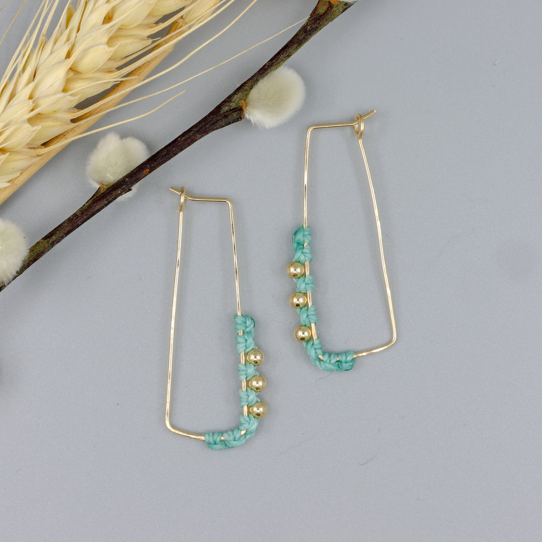 gold fill rectangle hoop earrings with seafoam macrame and gold beads