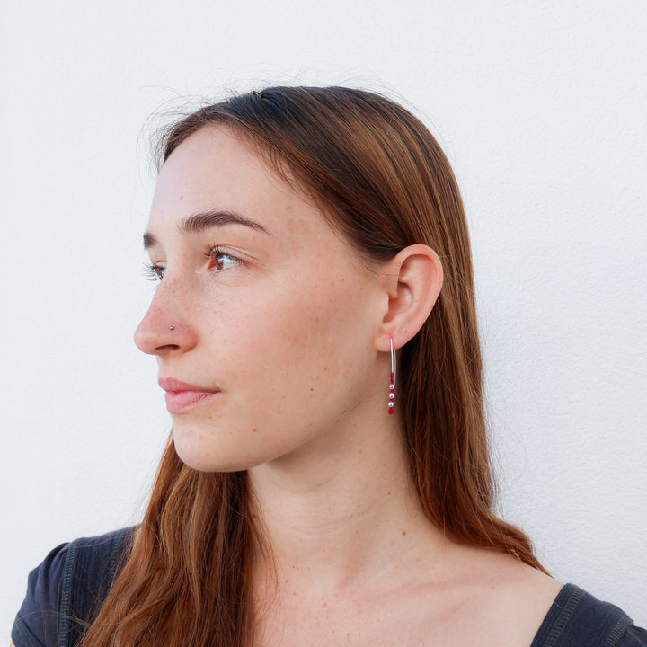 handmade sterling silver macrame hoop earrings with red cord
