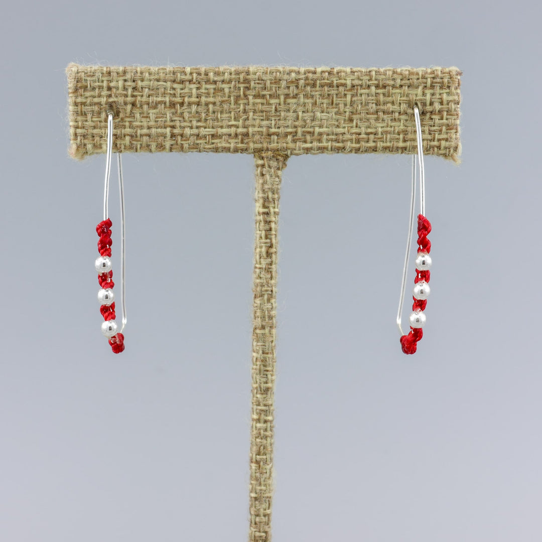 handmade sterling silver red macrame hoop earrings linen hanger