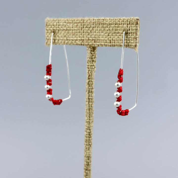 handmade sterling silver red macrame hoop earrings