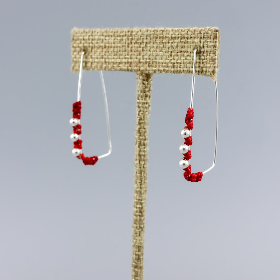 handmade sterling silver red macrame hoop earrings