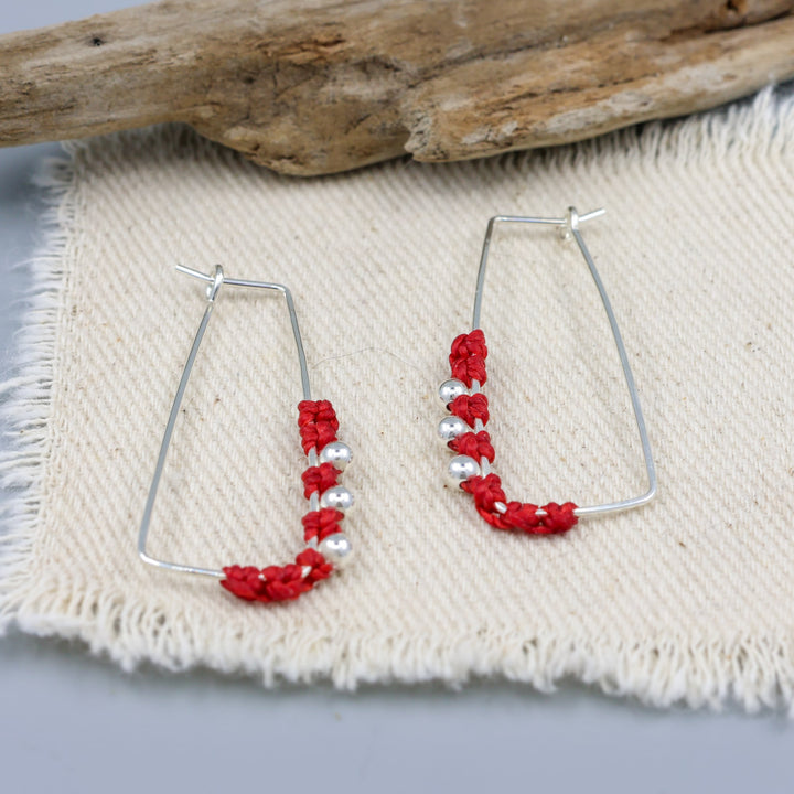 handmade sterling silver red macrame hoop earrings detail view
