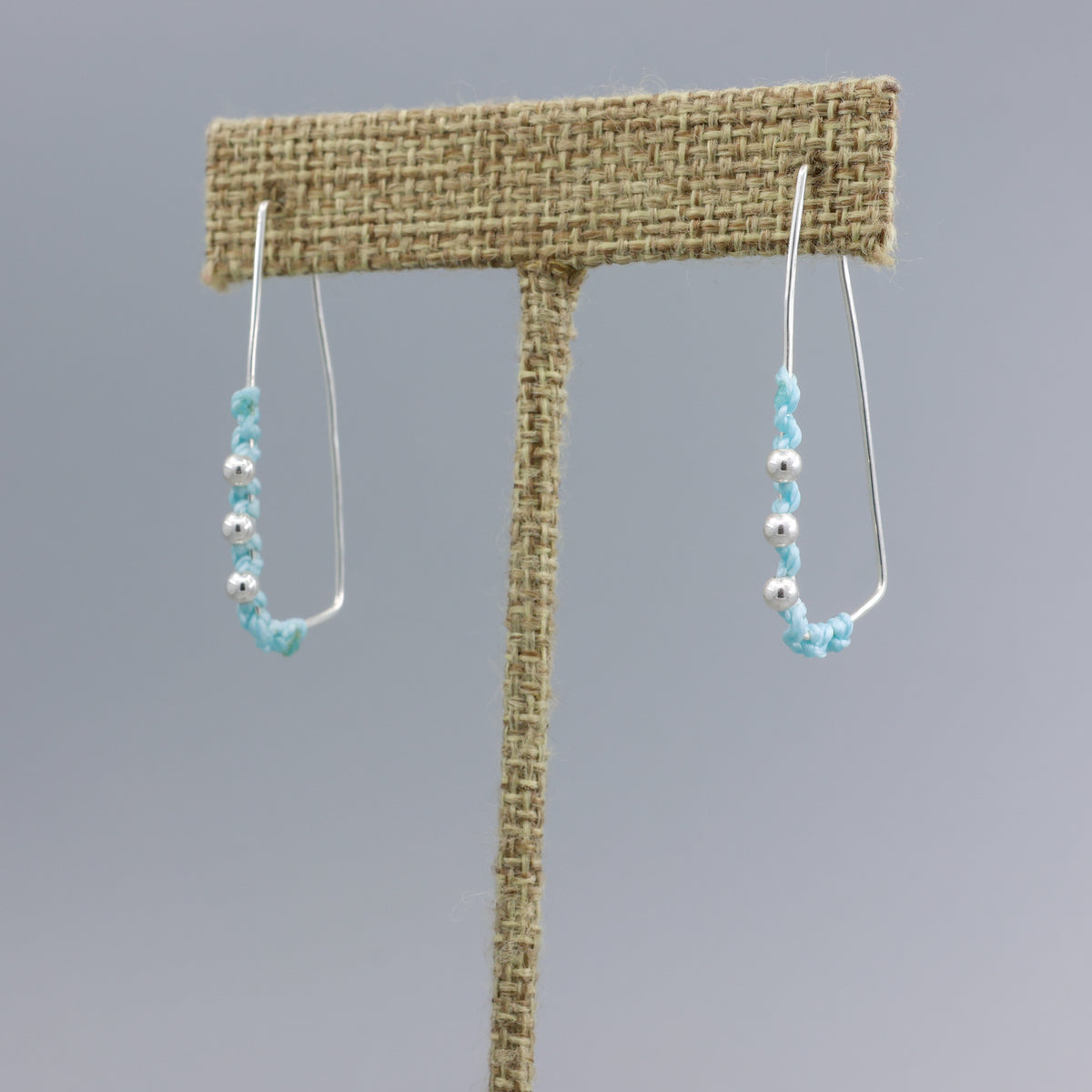 handmade sterling silver macrame rectangle hoop earrings in aqua