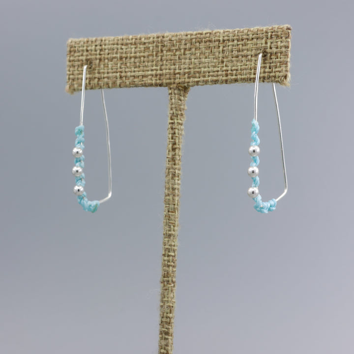 handmade sterling silver macrame rectangle hoop earrings in aqua