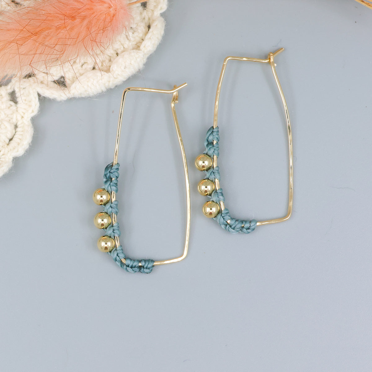 gold fill rectangle hoop earrings with macrame details