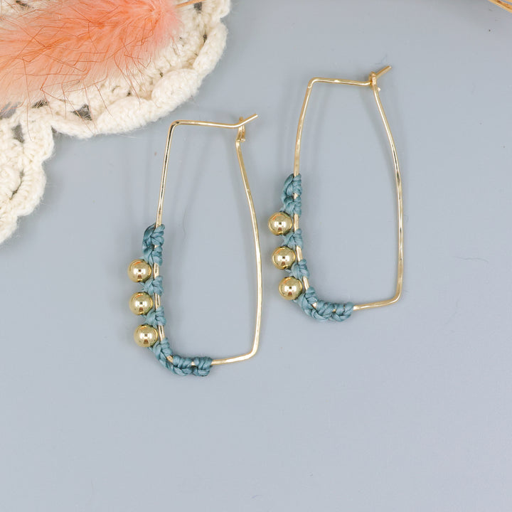 gold fill rectangle hoop earrings with macrame details