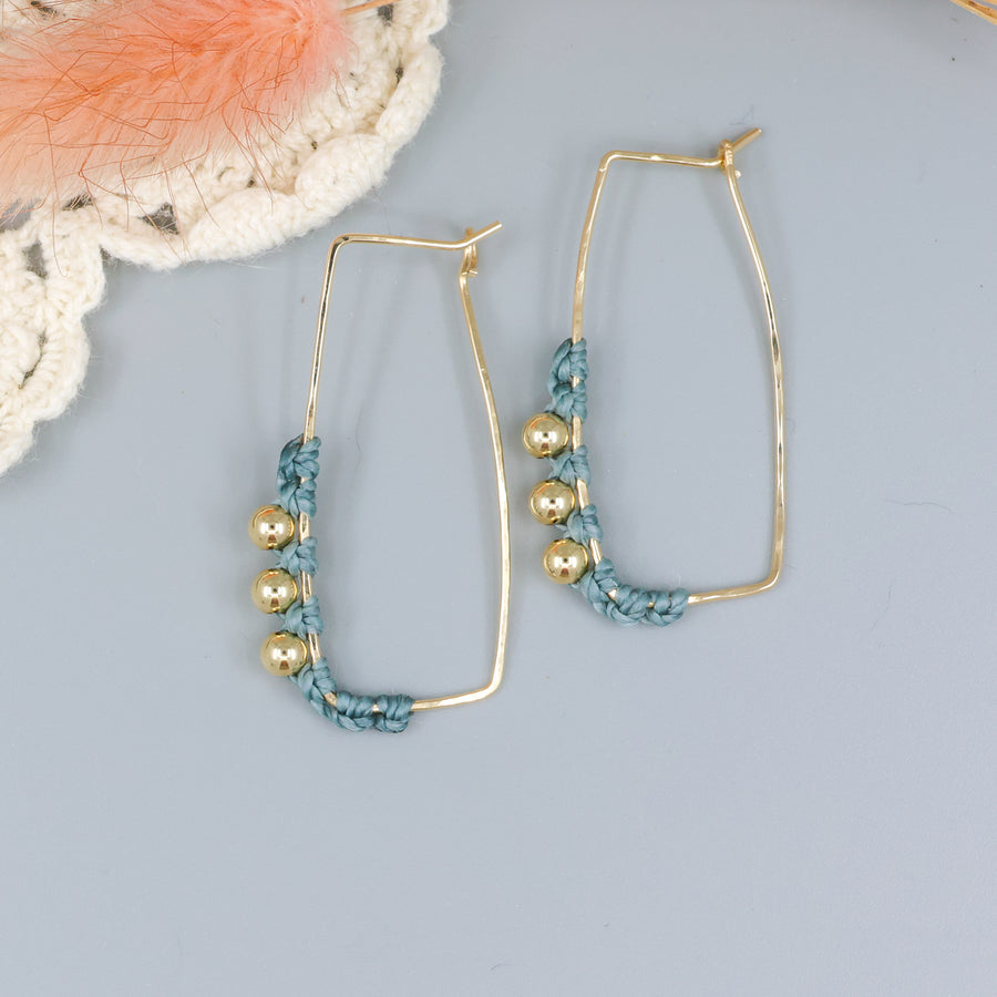 gold fill rectangle hoop earrings with macrame details