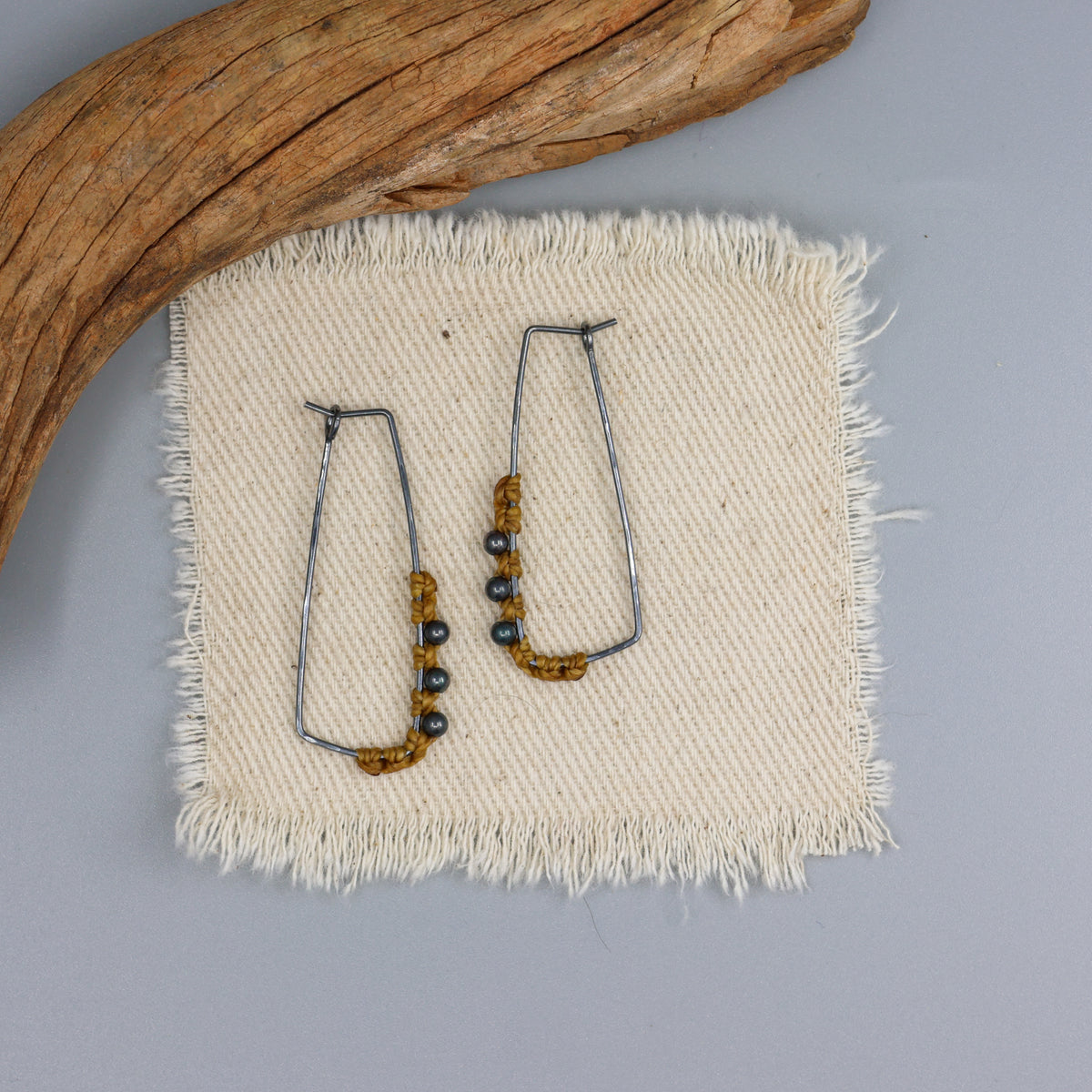 handmade rectangle hoop macrame earring oxidized sterling silver