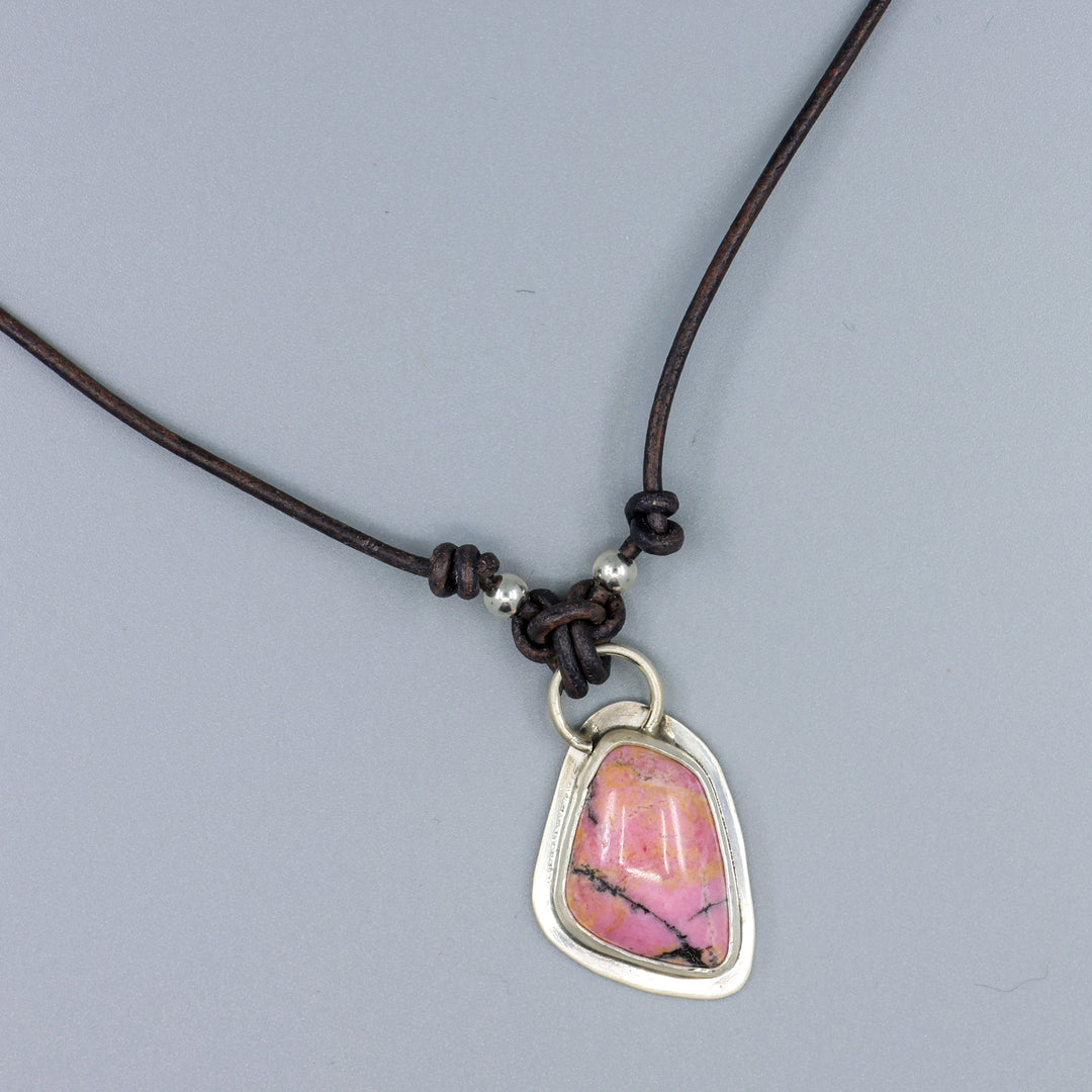 top view of rhodonite one of a kind sterling silver necklace