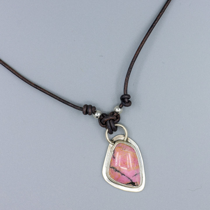 top view of rhodonite one of a kind sterling silver necklace