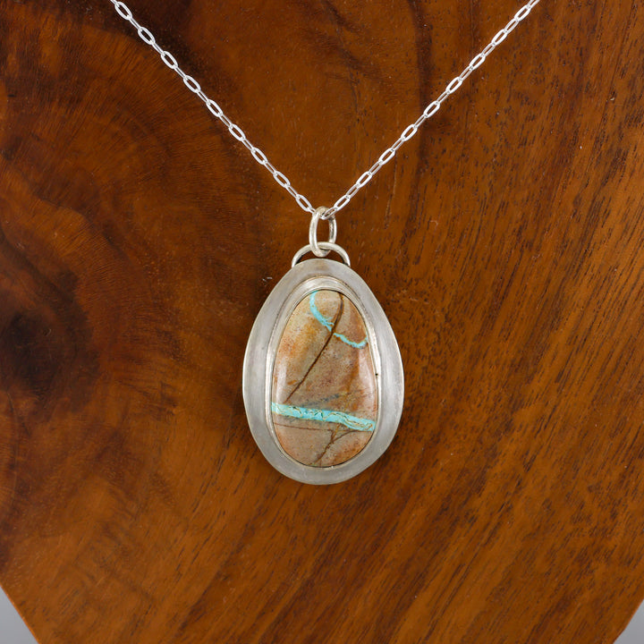 handmade ribbon turquoise oval shaped pendant necklace OOAK detail view