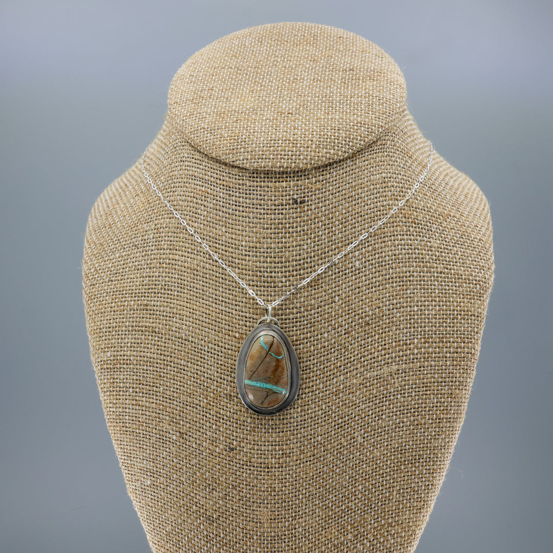 handmade ribbon turquoise oval shaped pendant necklace OOAK on a burlap bust
