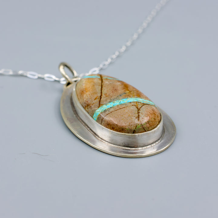 handmade ribbon turquoise oval shaped pendant necklace OOAK
