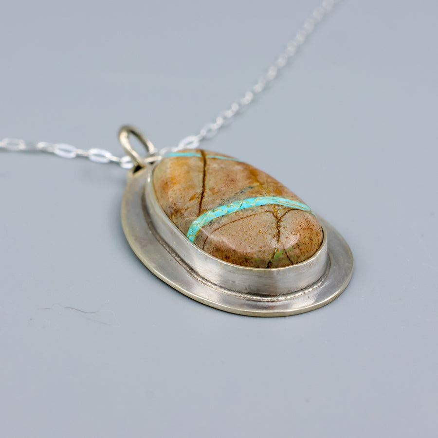 handmade ribbon turquoise oval shaped pendant necklace OOAK