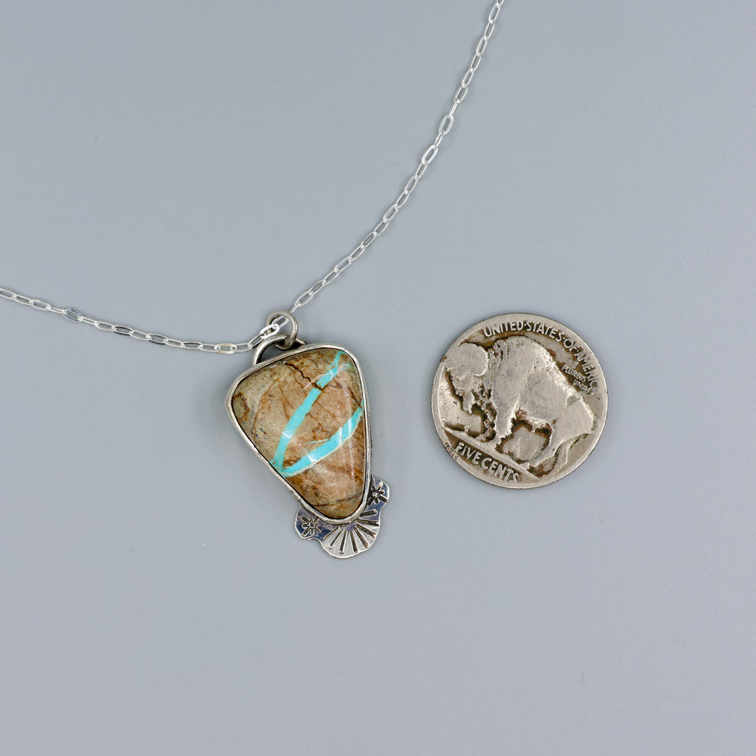 ribbon turquoise pendant one-of-a-kind necklace with a nickel for size comparison