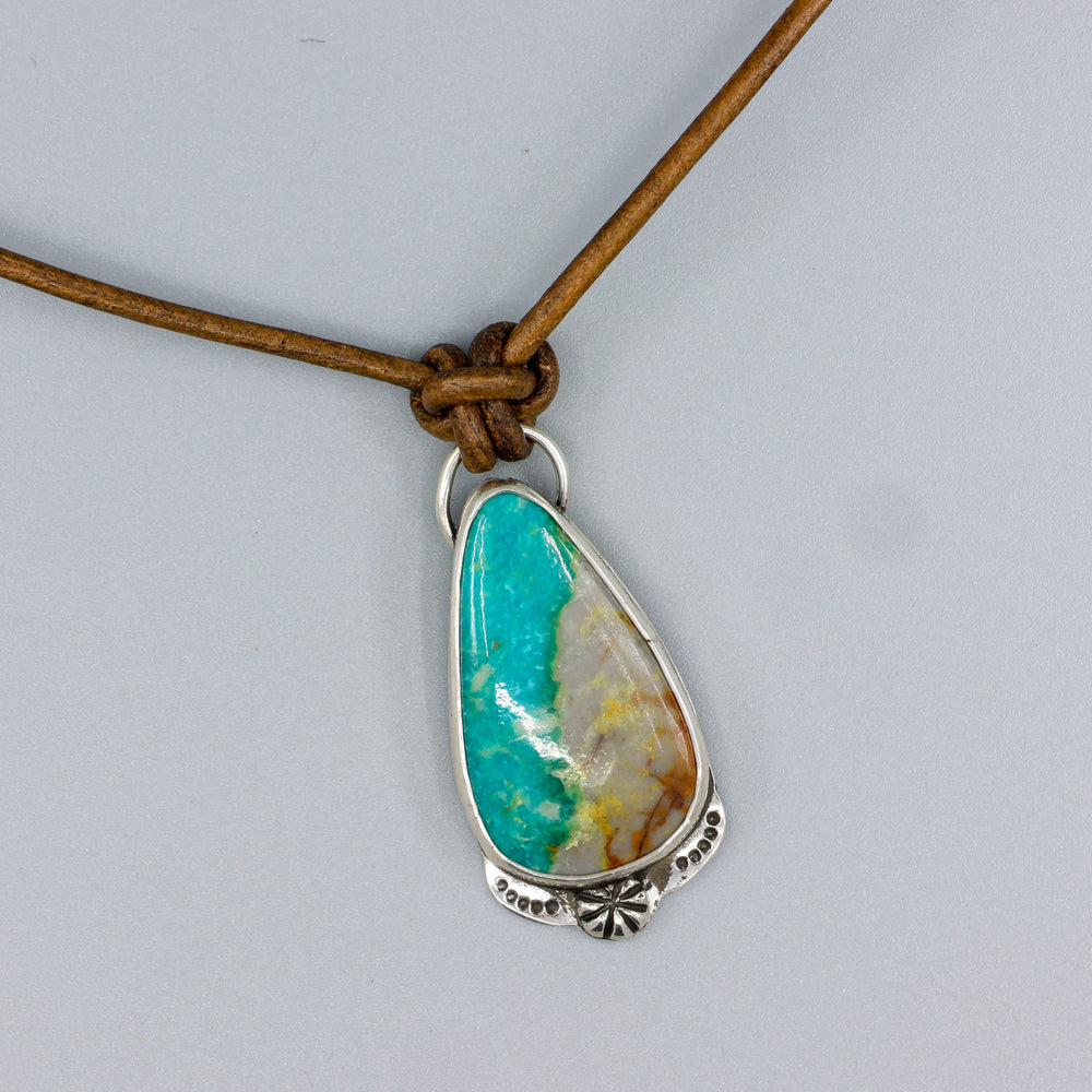 one of a kind Royston turquoise silver and leather necklace