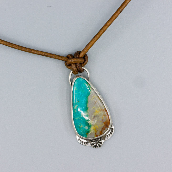 one of a kind Royston turquoise silver and leather necklace