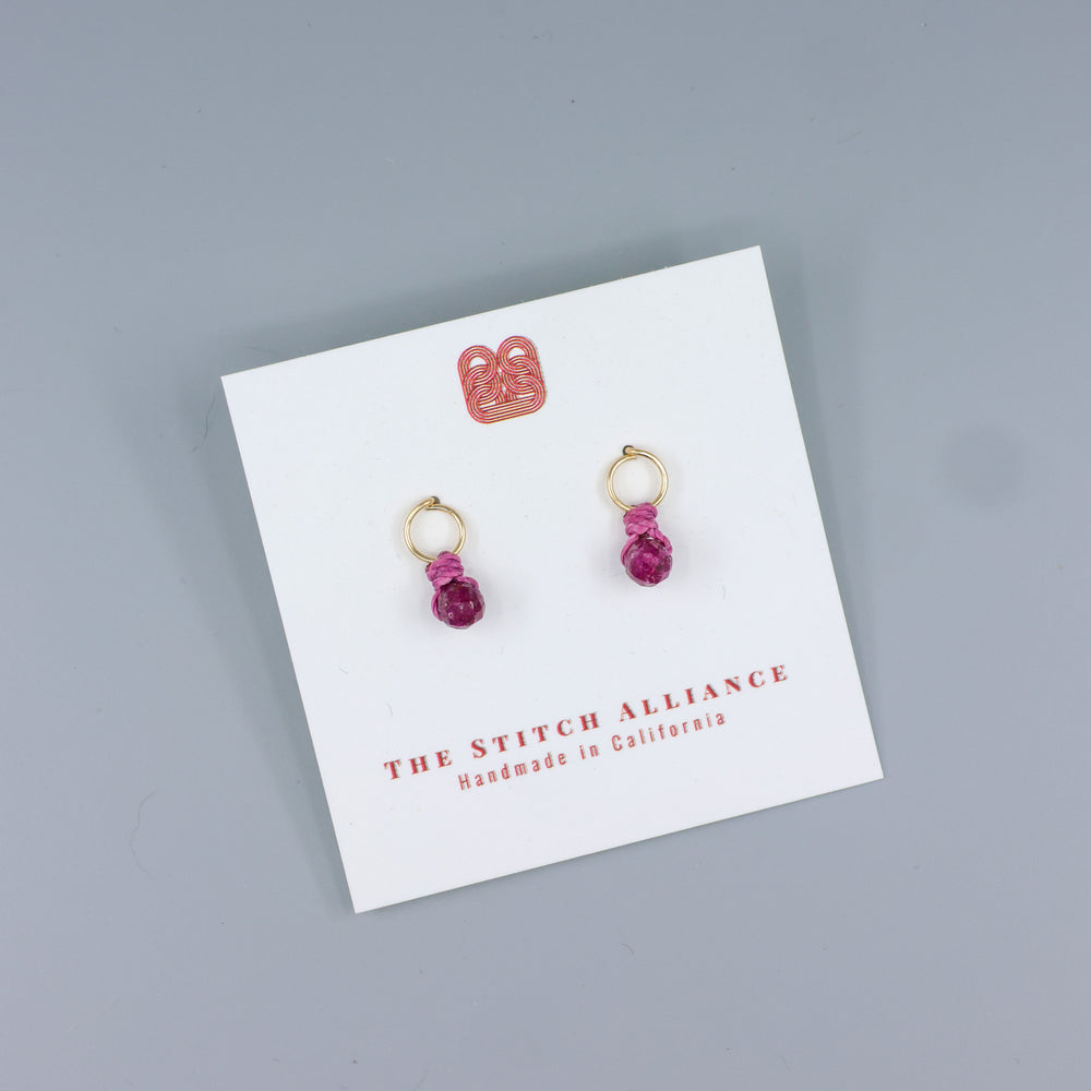gold filled ruby mini dangle earrings handmade  on a white card