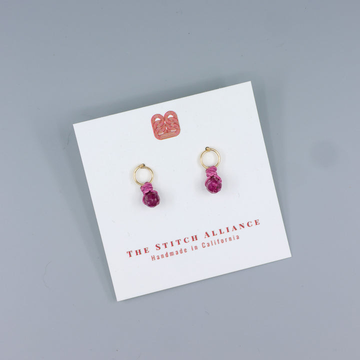 gold filled ruby mini dangle earrings handmade  on a white card