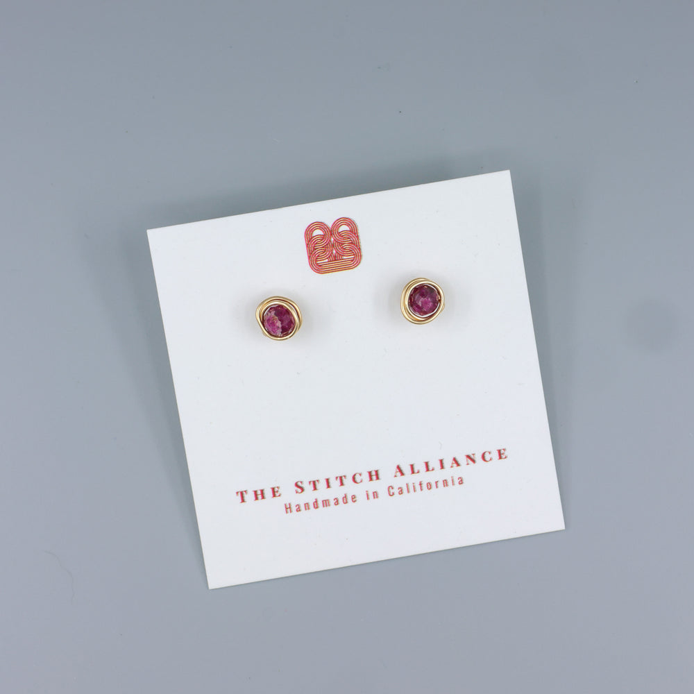 Ruby stud earrings, gold fill, handmade usa