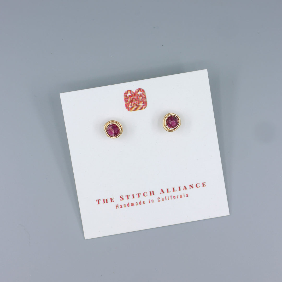 Ruby stud earrings, gold fill, handmade usa