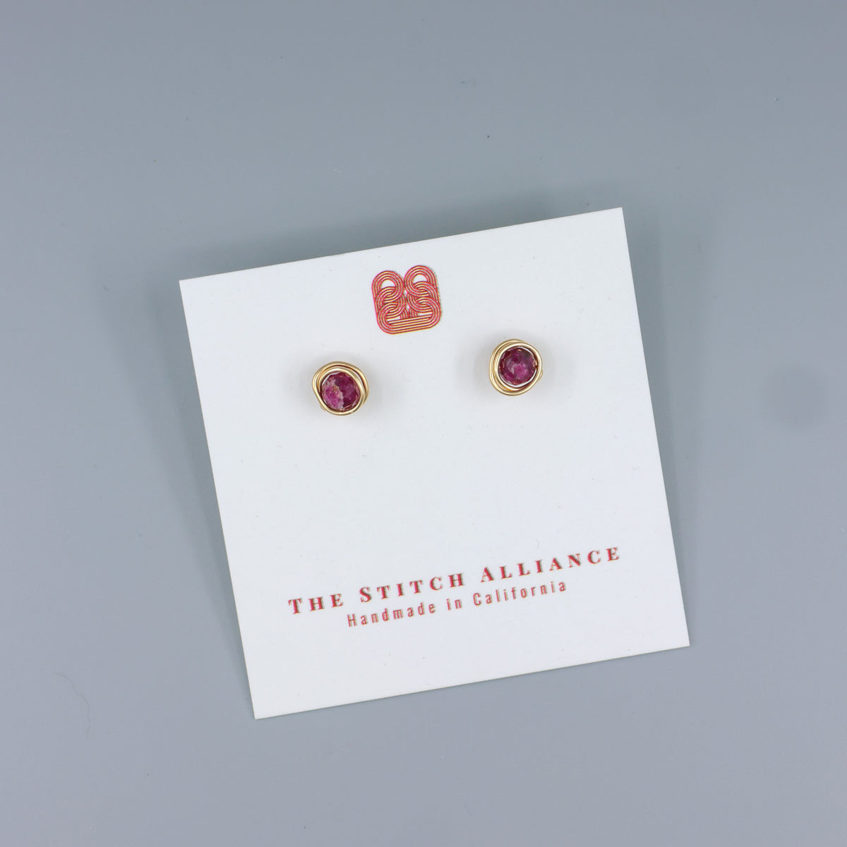 Ruby stud earrings, gold fill, handmade usa