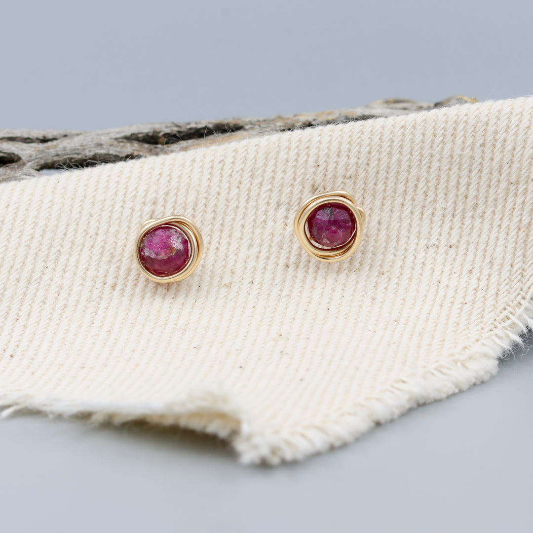 Ruby stud earrings, gold fill, handmade
