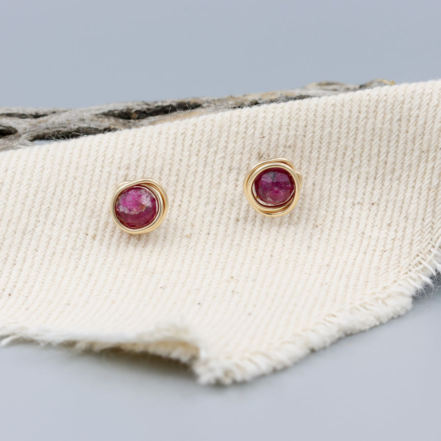 Ruby stud earrings, gold fill, handmade