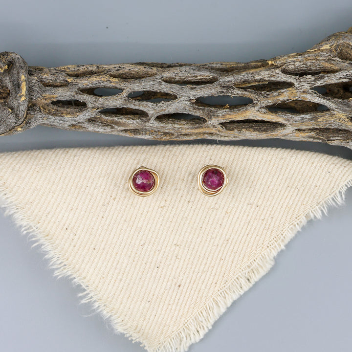 Ruby Stud Earrings - Wire Wrap Gold Fill