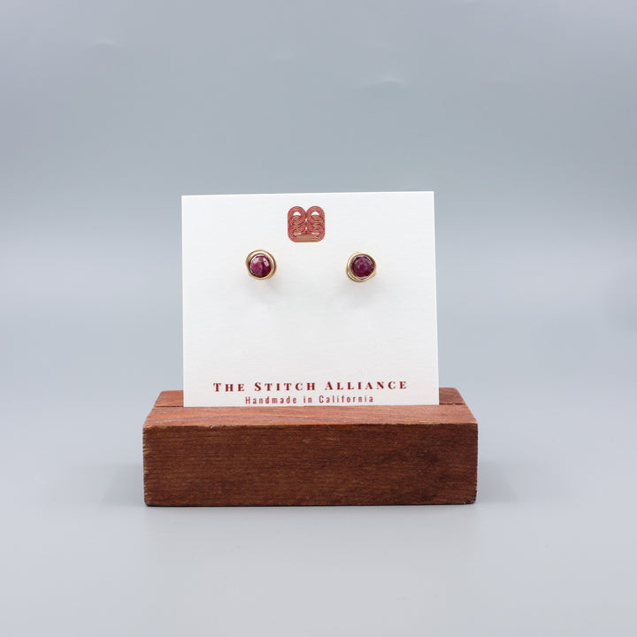 Ruby Stud Earrings - Wire Wrap Gold Fill