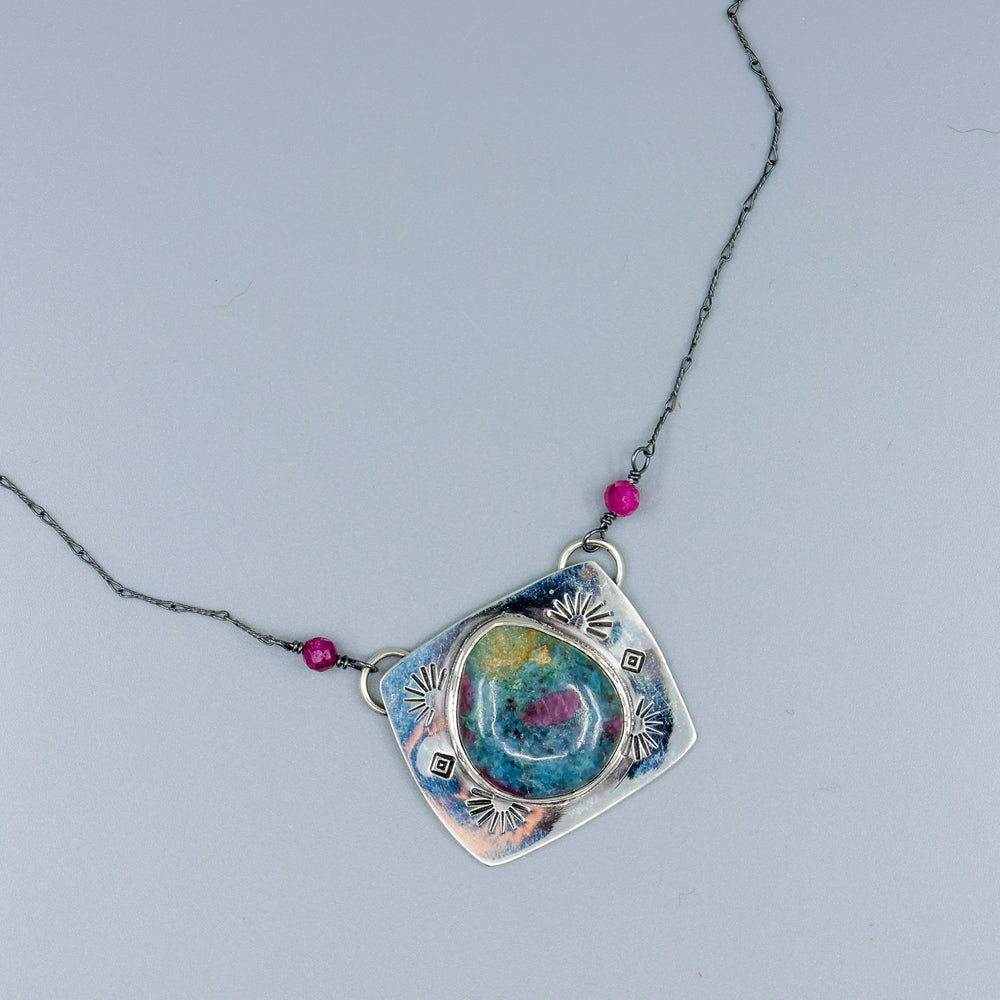 ruby in kyanite sterling silver necklace one-of-a-kind overhead view