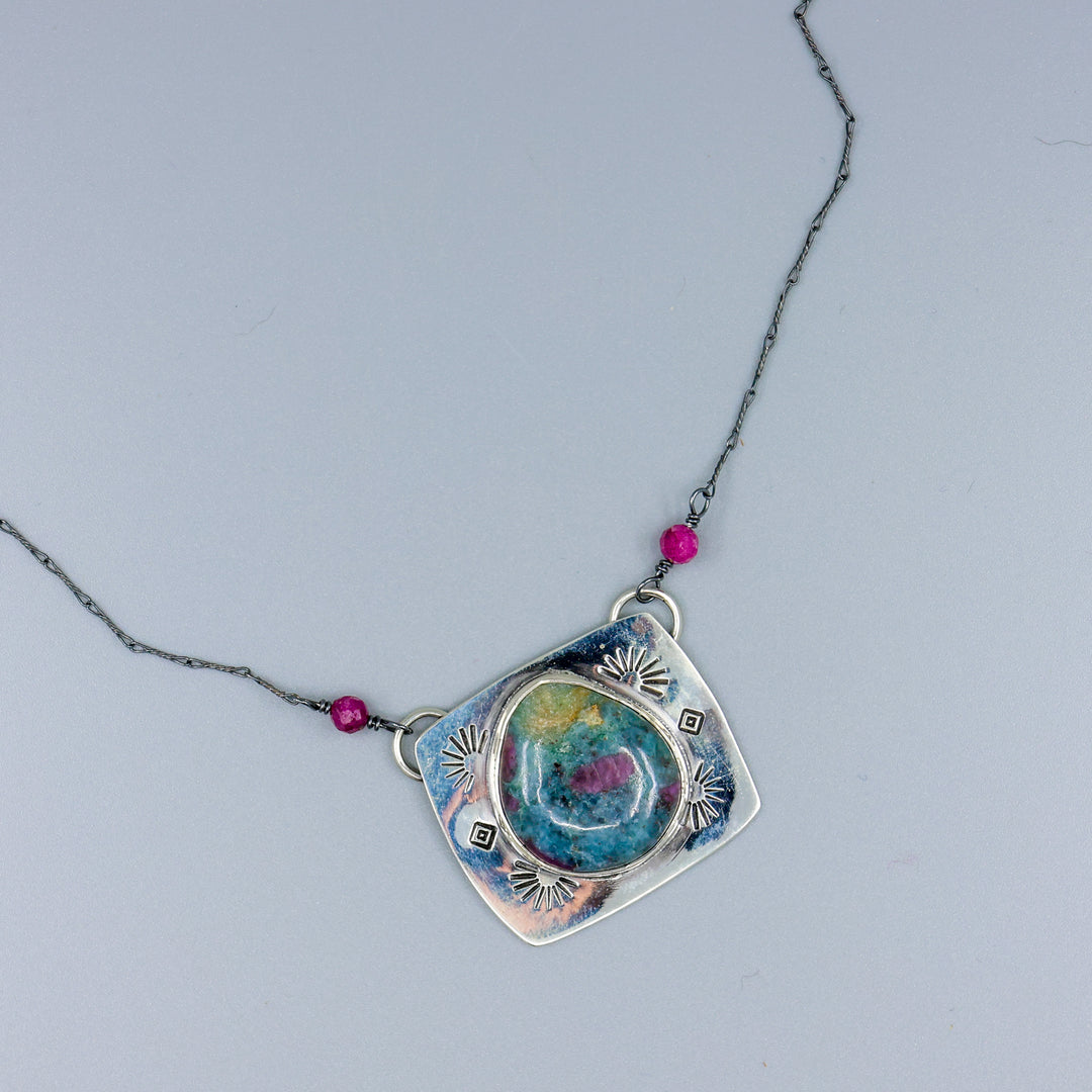 ruby in kyanite sterling silver necklace one-of-a-kind overhead view