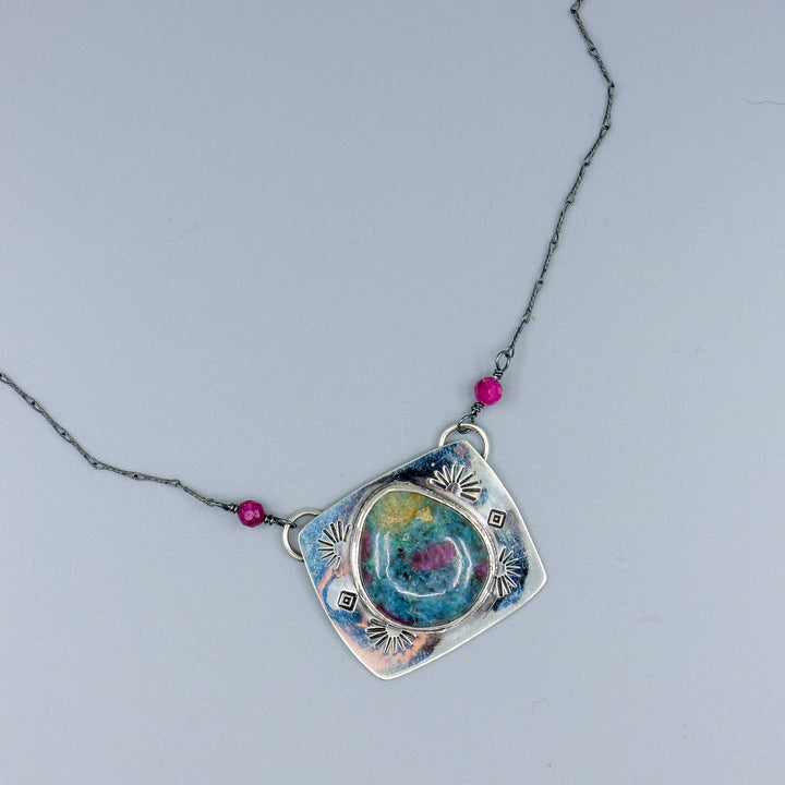 ruby in kyanite sterling silver necklace one-of-a-kind overhead view