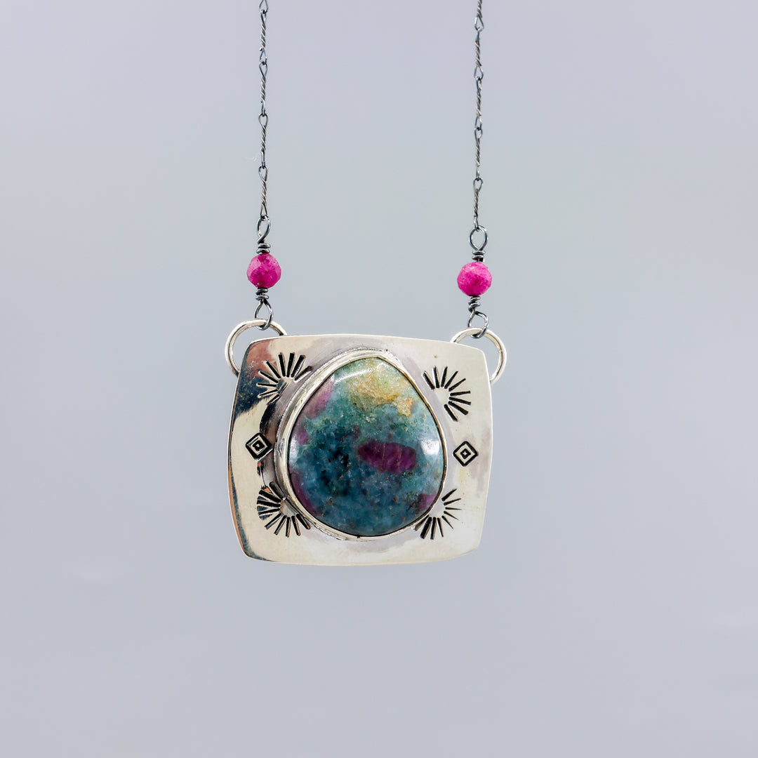 ruby in kyanite sterling silver necklace one-of-a-kind front view