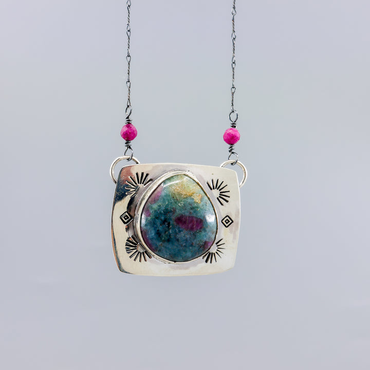 ruby in kyanite sterling silver necklace one-of-a-kind front view