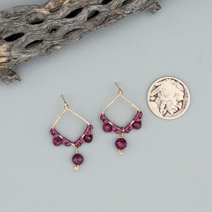 Boho ruby drop earrings gold filled wth nickel for size comparison 