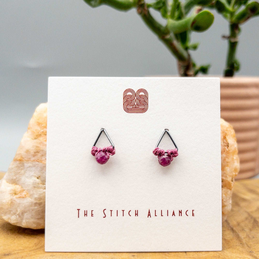 ruby bead earrings triangle oxidized sterling silver
