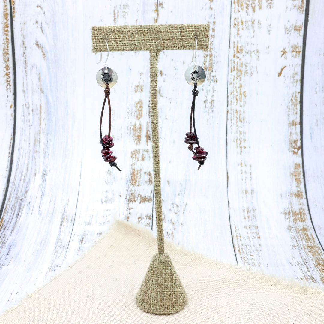 hand-stamped sacred heart sterling silver earrings with garnet beads