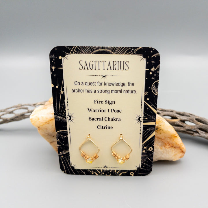 Sagittarius citrine earrings macrame gold fill front card