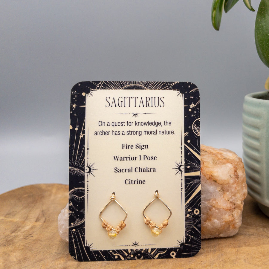 Sagittarius citrine earrings macrame gold fill on a gift card