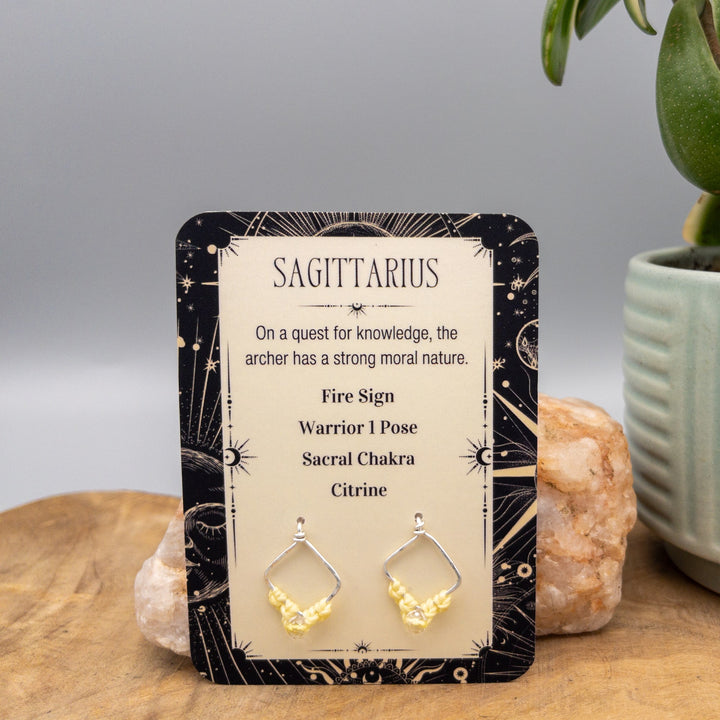 Sagittarius citrine earrings in sterling silver on a gift card
