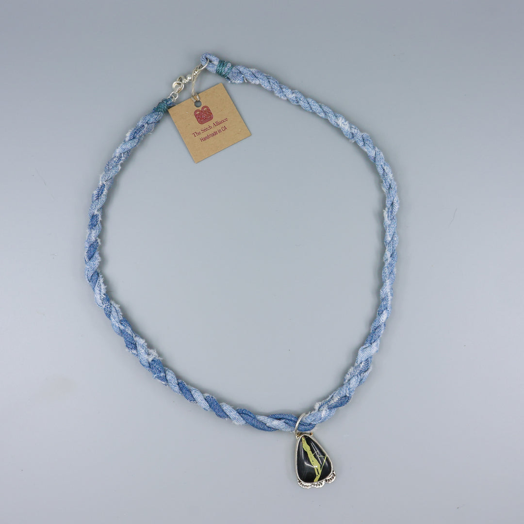 San Pedro Variscite Sterling Silver & Denim Necklace One of a Kind