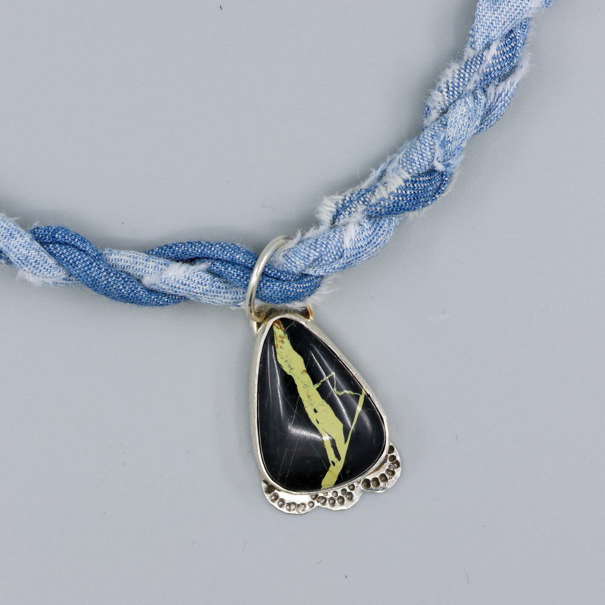san pedro variscite one of a kind necklace on denim cordage