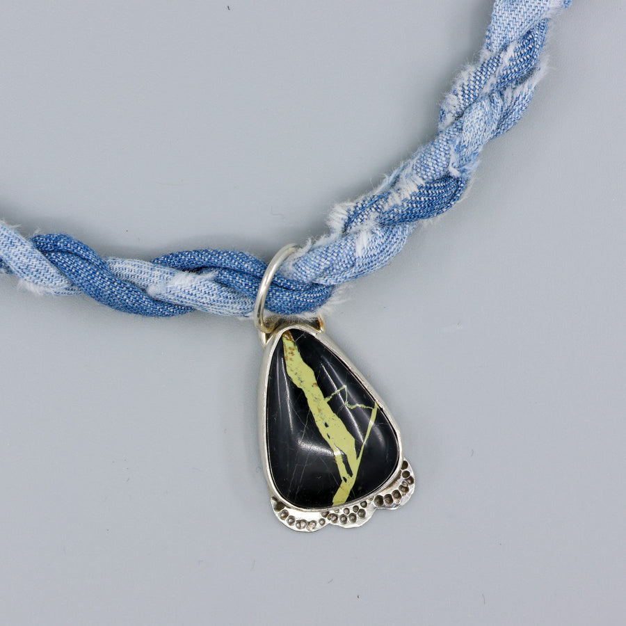 san pedro variscite one of a kind necklace on denim cordage