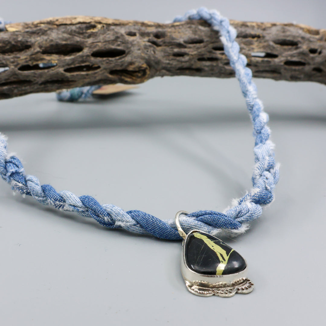San Pedro Variscite Sterling Silver & Denim Necklace One of a Kind