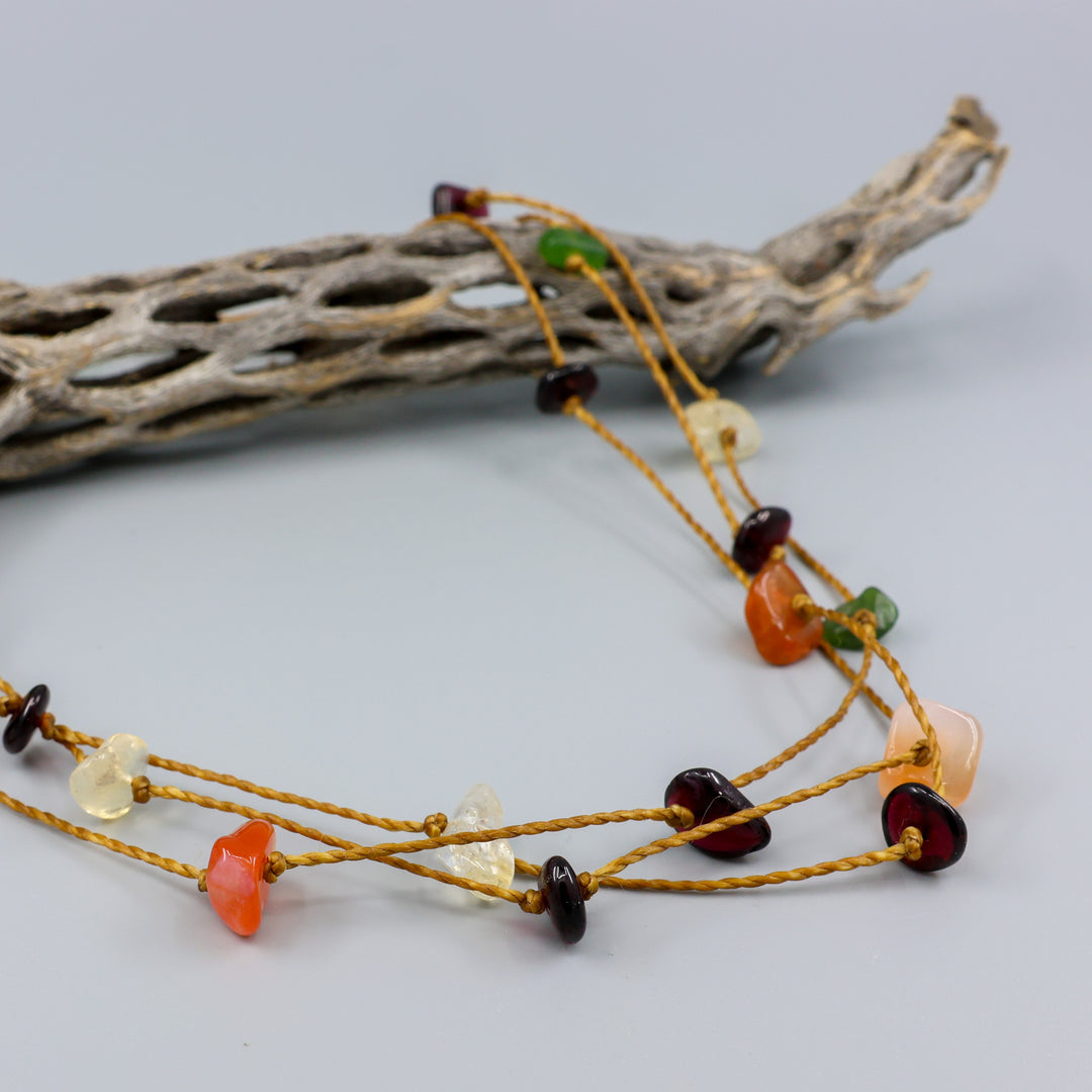 handknotted gemstone necklace with garnet, citrien, agate, and jade beads