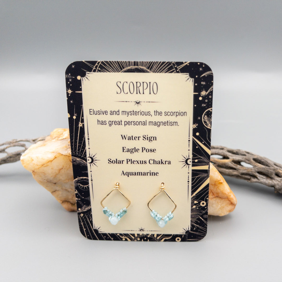 Scorpio aquamarine gold filled macrame earrings card front