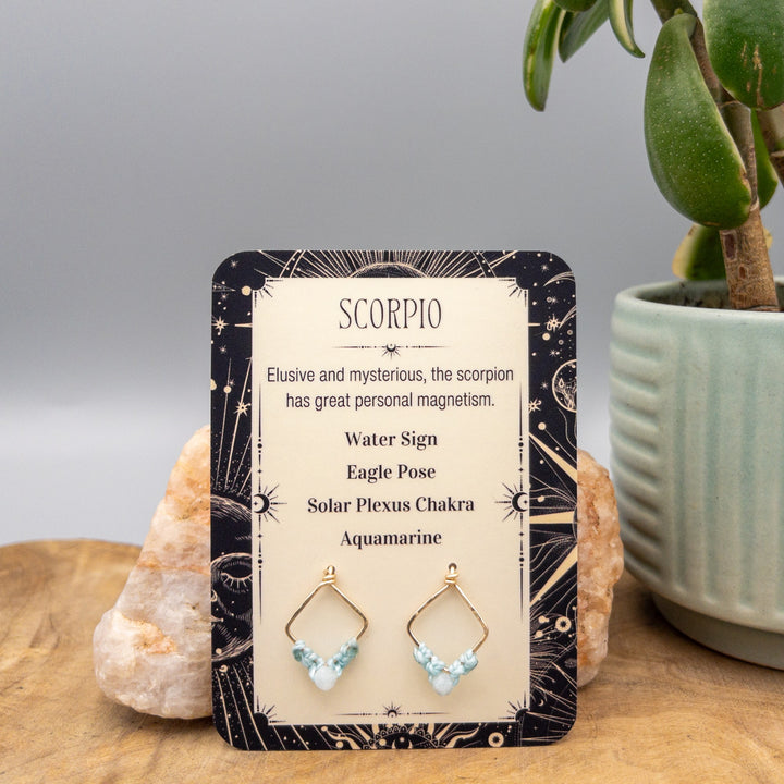 Scorpio aquamarine gold filled macrame earrings on a gift card