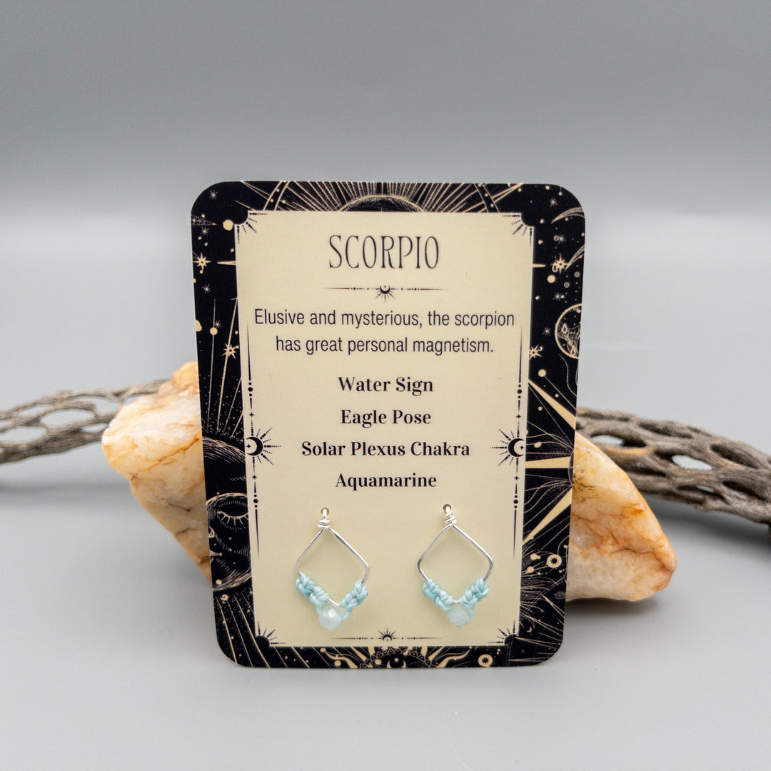 Scorpio aquamarine earrings in sterling silver showing the front of the card